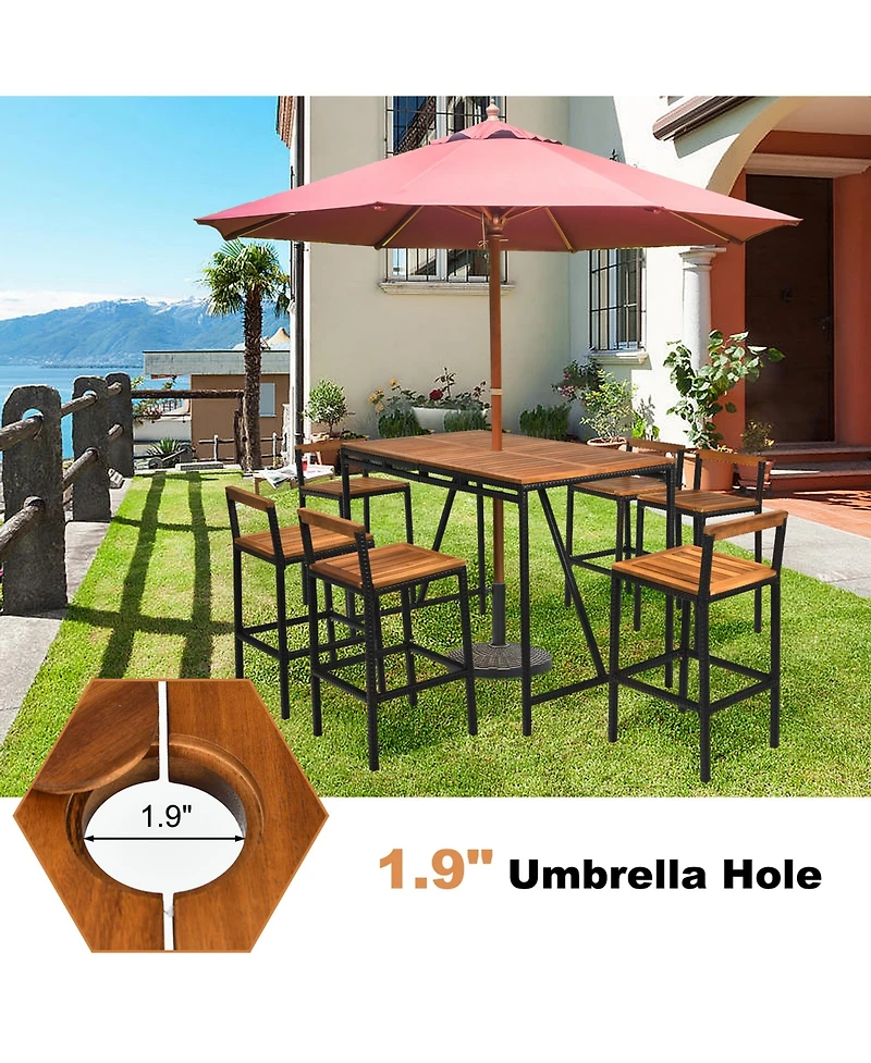Gymax 7pieces Outdoor Acacia Wood Dining Set Pe Rattan Patio Bar Set with Umbrella Hole