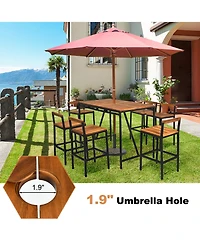 Gymax 7pieces Outdoor Acacia Wood Dining Set Pe Rattan Patio Bar Set with Umbrella Hole