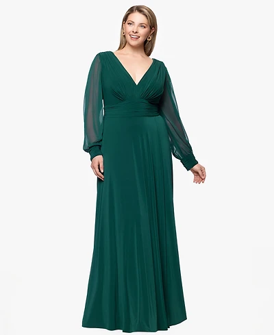 Betsy & Adam Plus Long Sleeve Chiffon V-Neck A-Line Dress