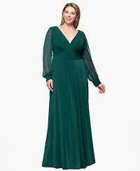Betsy & Adam Plus Long Sleeve Chiffon V-Neck A-Line Dress