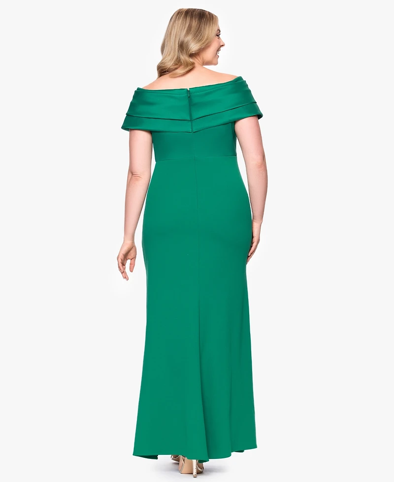 Betsy & Adam Plus Mixed-Material Off-The-Shoulder Gown