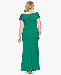 Betsy & Adam Plus Mixed-Material Off-The-Shoulder Gown