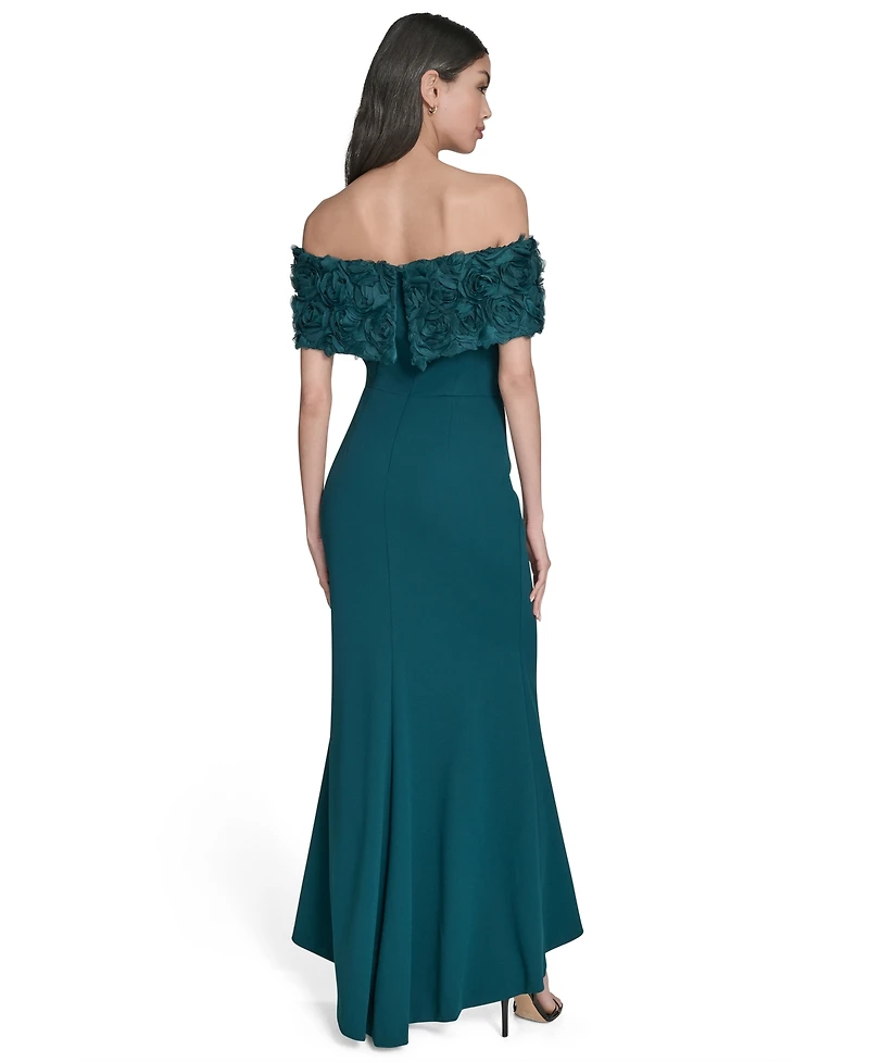 Eliza J Petite Rosette-Trim Off-The-Shoulder Evening Gown