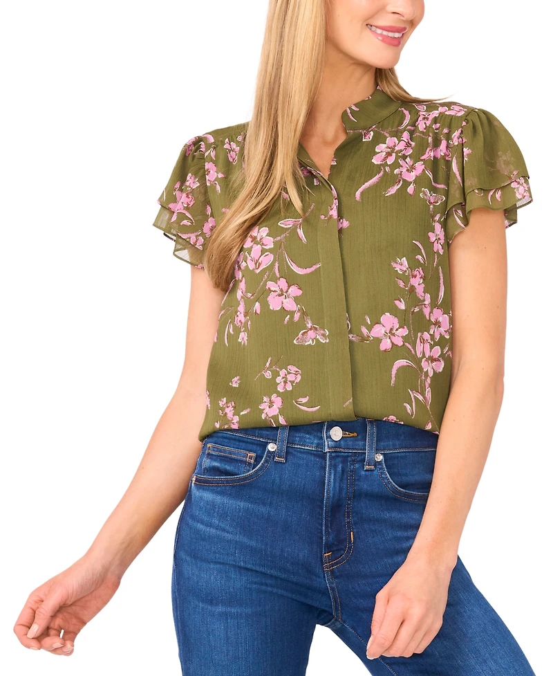 CeCe Women's Double Flutter Short Sleeve Hidden Placket Top