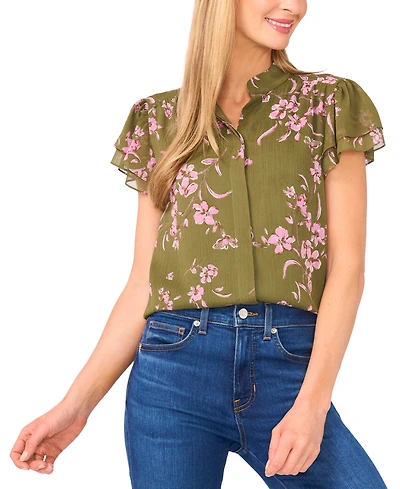 CeCe Women's Double Flutter Short Sleeve Hidden Placket Top