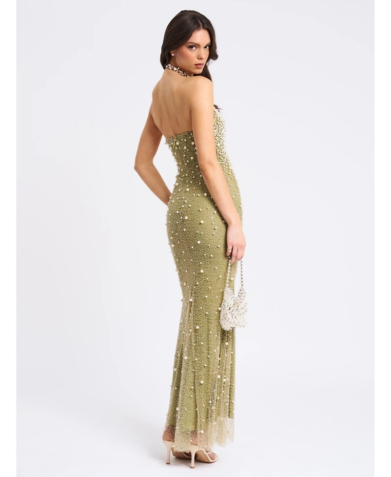 Miss Circle Women's Ginny Pear Green Pearl Embellished Backless Gown