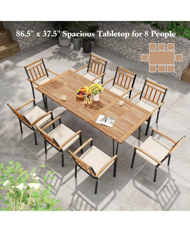 86.5-Inch Outdoor Dining Table with Acacia Wood Tabletop & Metal Legs Umbrella Hole