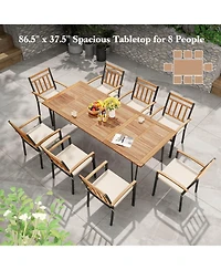 86.5-Inch Outdoor Dining Table with Acacia Wood Tabletop & Metal Legs Umbrella Hole