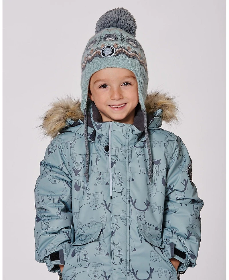 Deux par Boy Lined Peruvian Knit Pompom Hat Gray and Sage - Toddler|Child