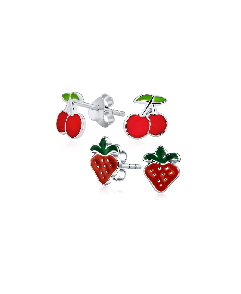 Bling Jewelry Set of 2 Small Summer Fruit Red Strawberry Cherry Stud Earrings Sterling Silver