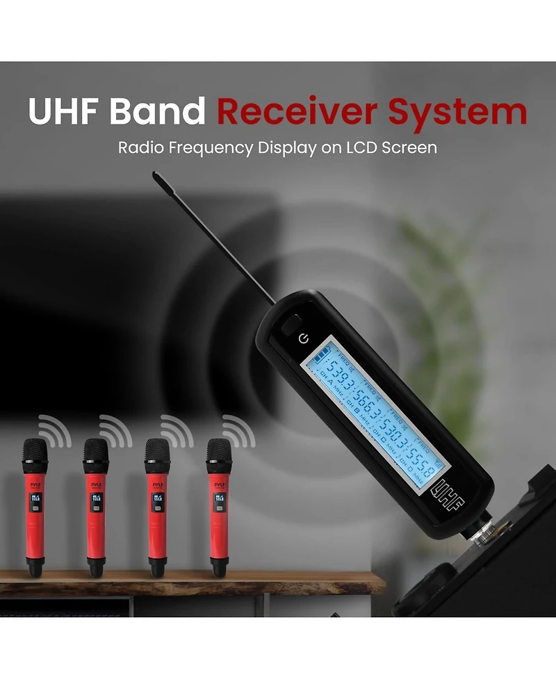 Pyle Portable Universal Wireless Microphone System, Uhf Quad Channel Addressable Frequency, Includes (4) Handheld Microphones (Red)