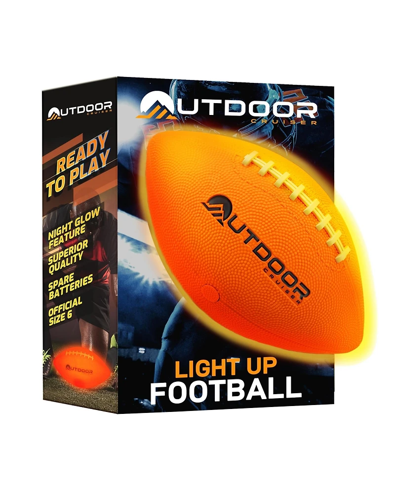 Lifemaster Durable glow-in-the-dark football with waterproof rubber build, tap-activated Led lights lasting up to 30 hours. Includes pump, spare batte