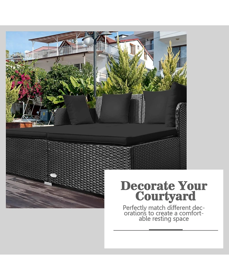 Outdoor Patio Rattan Daybed Thick Pillows Cushioned Sofa Furniture