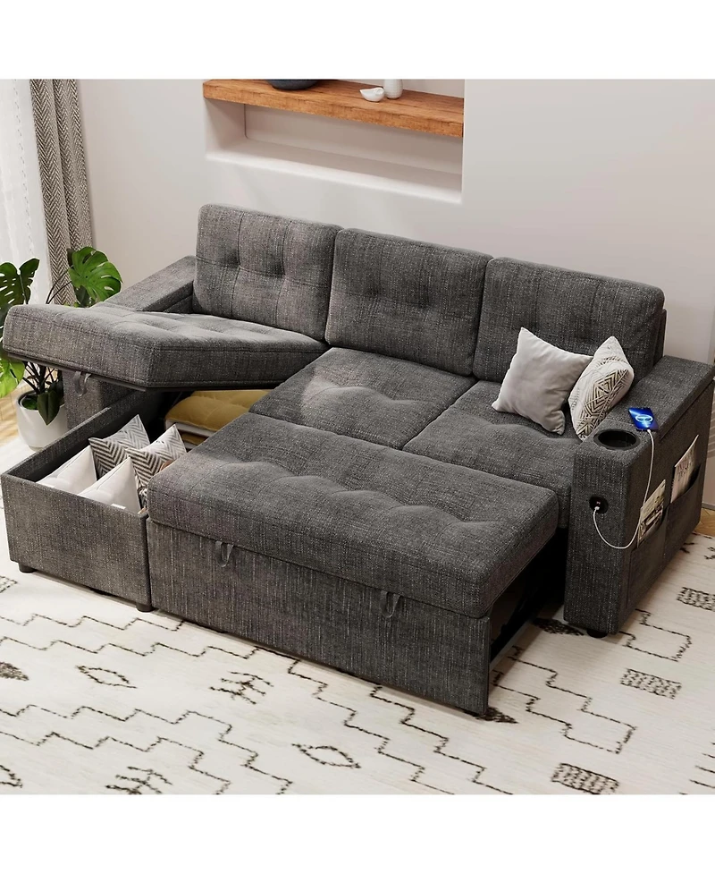 gaomon 84 Inch Dark Grey L-Shaped Sofa Bed with Pull-Out Bed, 2 Charging Ports, Storage Armrests, Cup Holders & Side Pockets Included