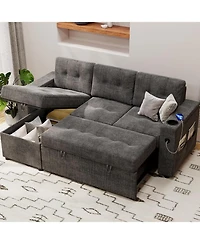 gaomon 84 Inch Dark Grey L-Shaped Sofa Bed with Pull-Out Bed, 2 Charging Ports, Storage Armrests, Cup Holders & Side Pockets Included