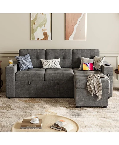 gaomon 84 Inch Dark Grey L-Shaped Sofa Bed with Pull-Out Bed, 2 Charging Ports, Storage Armrests, Cup Holders & Side Pockets Included