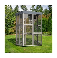 Aostirmotor 70.5 in. H Outdoor Wooden Cat Enclosure with 6 Jumping Platforms 2 Napping Houses Movable tarp cover in Gray