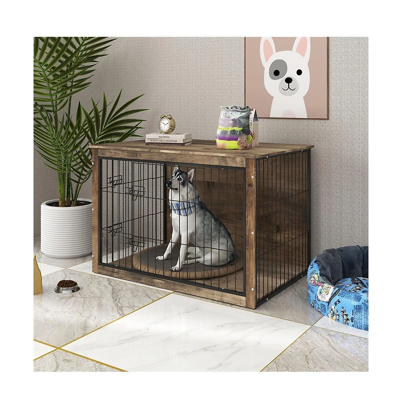 Aostirmotor Natural Wooden Dog Crate Indoor Dog Kennel with Double Doors