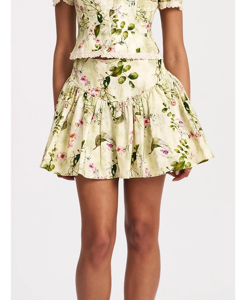 Miss Circle Women Zanelle Green Floral Print Drop Waist Linen Full Skirt