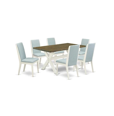 East West Furniture 7Pc Dining Room Table Set Consists of a Rectangle Table and 6 Upholstered Dining Chairs with Baby Blue Color Linen Fabric, Medium