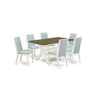 East West Furniture 7Pc Dining Room Table Set Consists of a Rectangle Table and 6 Upholstered Dining Chairs with Baby Blue Color Linen Fabric, Medium