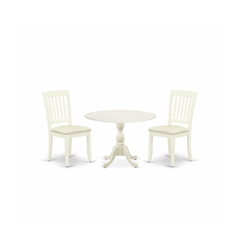 East West Furniture 3 Piece Dining Room Table Set Includes 1 Drop Leaves Dining Room Table and 2 Linen White Wooden Dining Chairs with Slatted Back