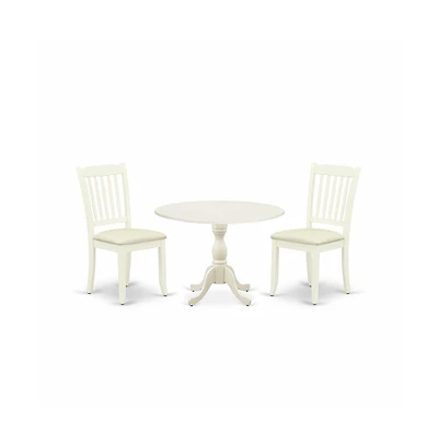 East West Furniture 3 Piece Dining Room Table Set Includes 1 Drop Leaves Dining Room Table and 2 Linen White Wooden Dining Chairs with Slatted Back
