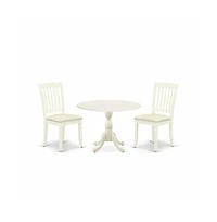 East West Furniture 3 Piece Dining Room Table Set Includes 1 Drop Leaves Dining Room Table and 2 Linen White Wooden Dining Chairs with Slatted Back