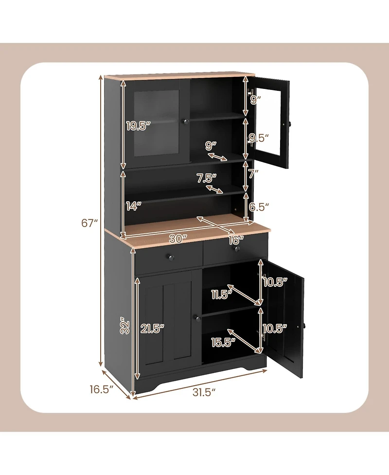 Gymax Pantry Cabinet 67'' Tall Kitchen Floor w/ 2 Removable Shelves Drawers
