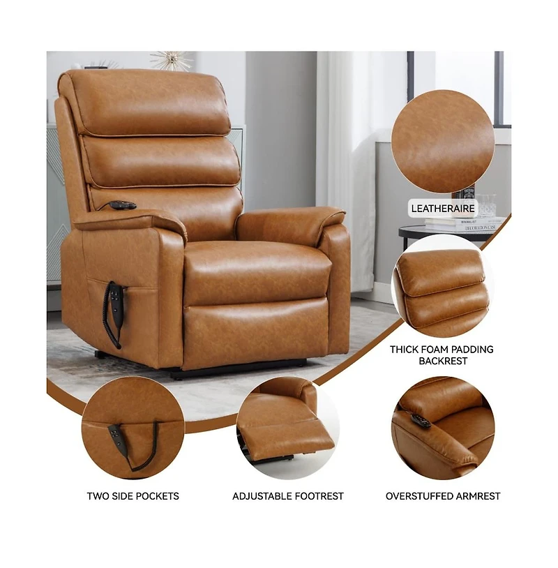 Grey Faux Leather Power Lift Chair with Heat, Massage & Dual Motor, Heavy Duty Recliner for Elderly with Remote-Maison Boucle