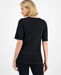 Jm Collection Women's V-Neck Short-Sleeve Lurex Shine Sweater, Exclusively at Macy's