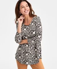 Jm Collection Women's Printed Scoop-Neck 3/4-Sleeve Top, Macy's Exclusive