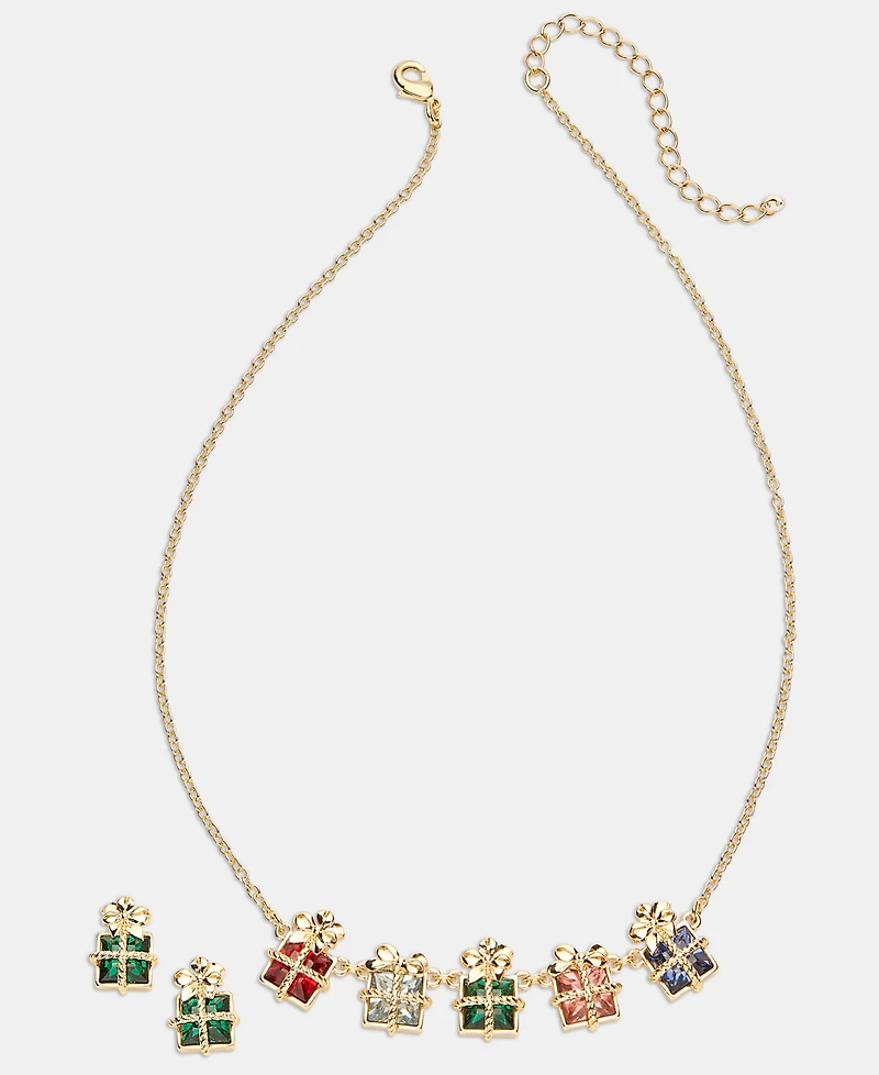 Holiday Lane Gold-Tone Multicolor Present Stud Earrings & Frontal Necklace Set