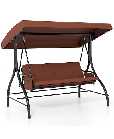 Gymax 3-Seat Patio Swing w/ Canopy & Removable Cushions Side Pockets Stand