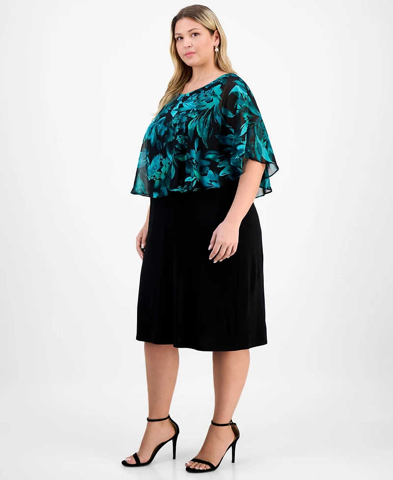 Connected Plus Short-Sleeve Cape Overlay Jersey Dress
