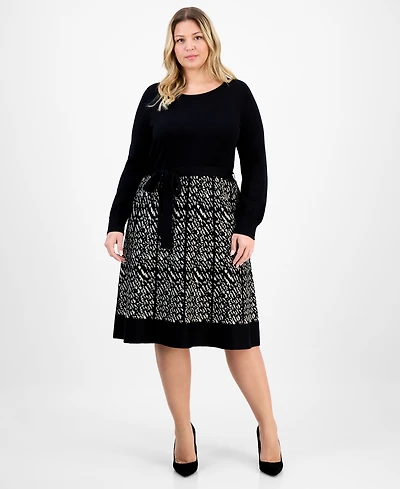 Robbie Bee Plus Size Long-Sleeve Combo Skirt Sweater Dress