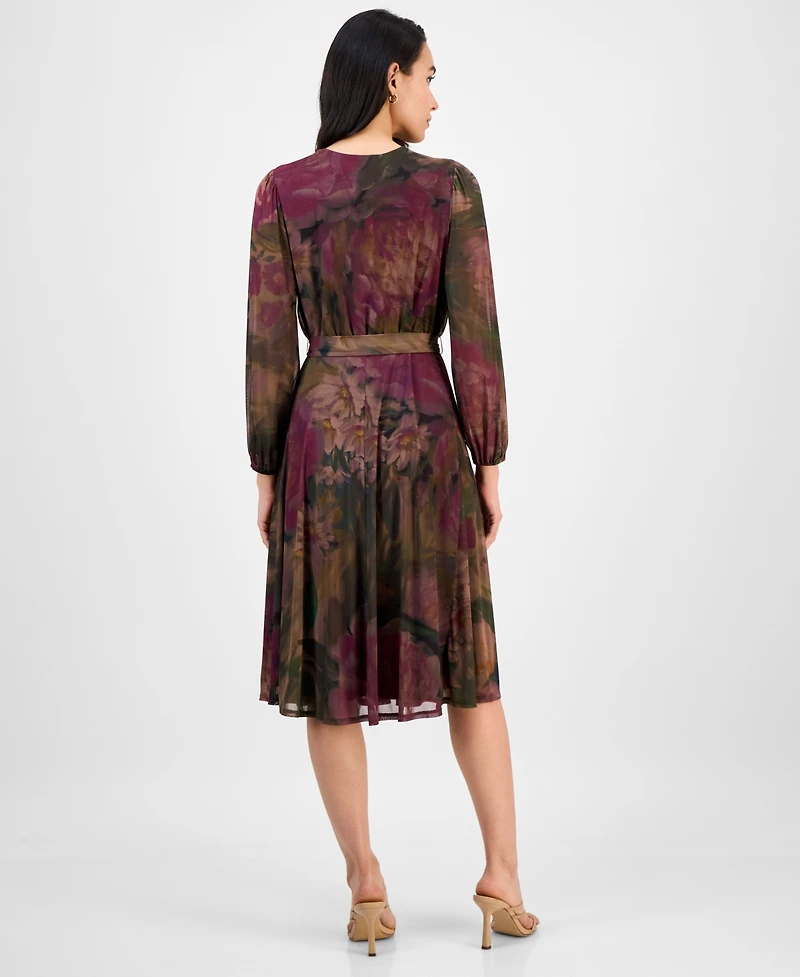 Robbie Bee Petite Long-Sleeve Printed Mesh Midi Dress