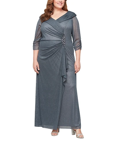 Alex Evenings Plus Long Portrait Collar Glitter Smoke 3/4-Sleeve A-Line Dress