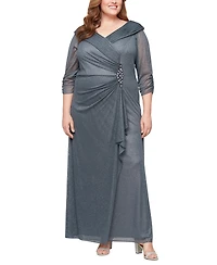 Alex Evenings Plus Long Portrait Collar Glitter Smoke 3/4-Sleeve A-Line Dress