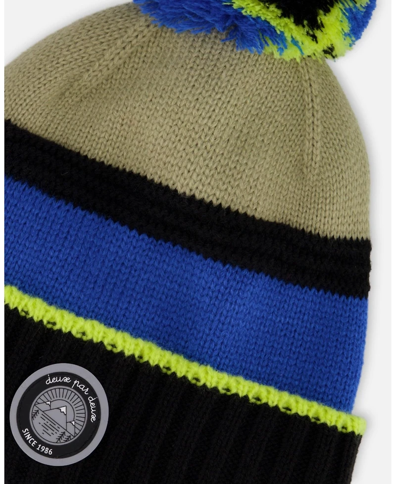 Deux par Boy Lined Knit Pompom Hat Black, Taupe and Lime Green - Toddler|Child