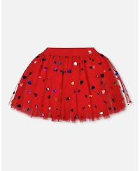 Deux par Girl Tulle Skirt Red with Iridescent Heart Confettis