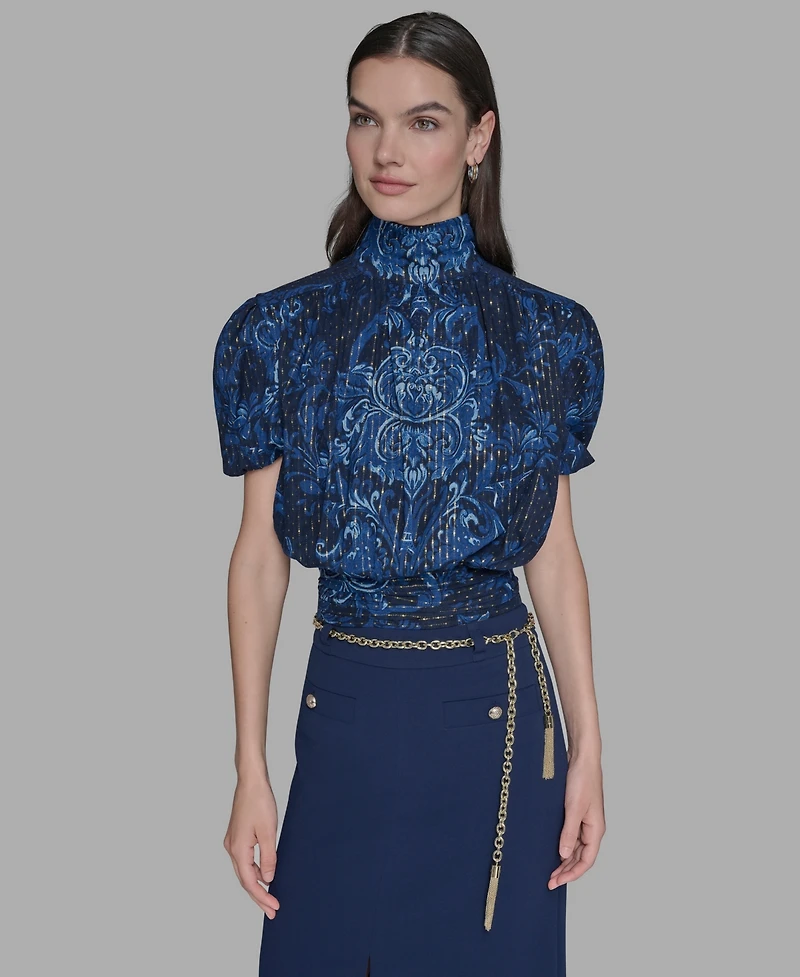 Karl Lagerfeld Paris Women's Metallic Printed Puff-Sleeve Top