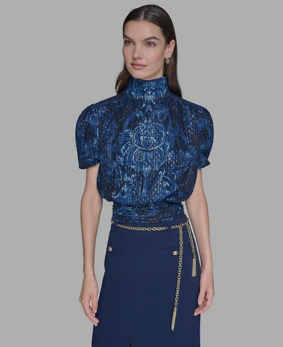 Karl Lagerfeld Paris Women's Metallic Printed Puff-Sleeve Top