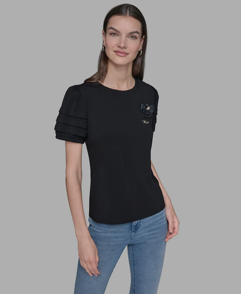 Karl Lagerfeld Paris Women's K-Pin Puff-Sleeve Crewneck Top