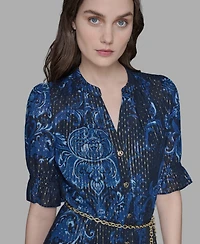 Karl Lagerfeld Paris Women's Printed Chain-Belt Ruffle-Sleeve Dress