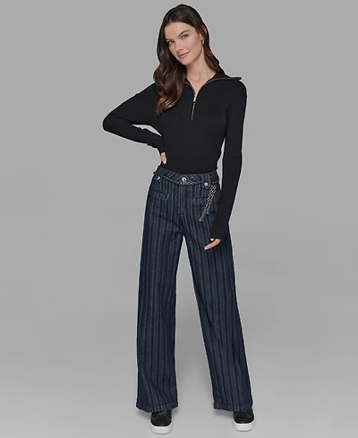 Karl Lagerfeld Paris Women's Striped Denim Belted Wide-Leg Pants