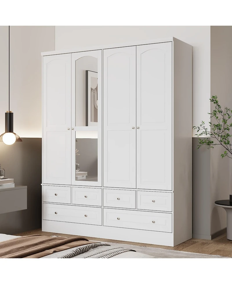 Homsee Luxury white 4-door 6-drawer wardrobe with mirror, bedroom Armoire, Closet