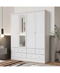 Homsee Luxury white 4-door 6-drawer wardrobe with mirror, bedroom Armoire, Closet