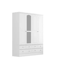 Homsee Luxury white 4-door 6-drawer wardrobe with mirror, bedroom Armoire, Closet