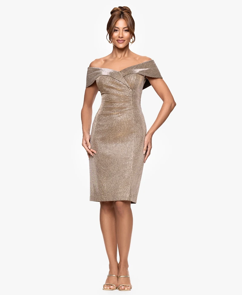 Xscape Women's Galaxy Ruched Off The Shoulder Short Dress